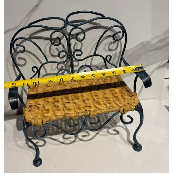 Vintage Metal Wicker Doll Bench Black Scroll Miniature Chair 12" Shabby Chic - Picture 6 of 9